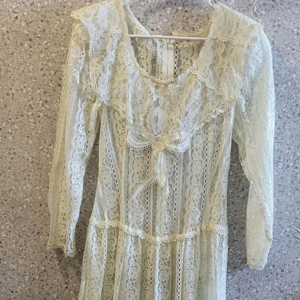 Vtg. Cachet, Bari Protas Lace Prarie Style,Wedding Drop Waist, Slip, Ivory 9/10